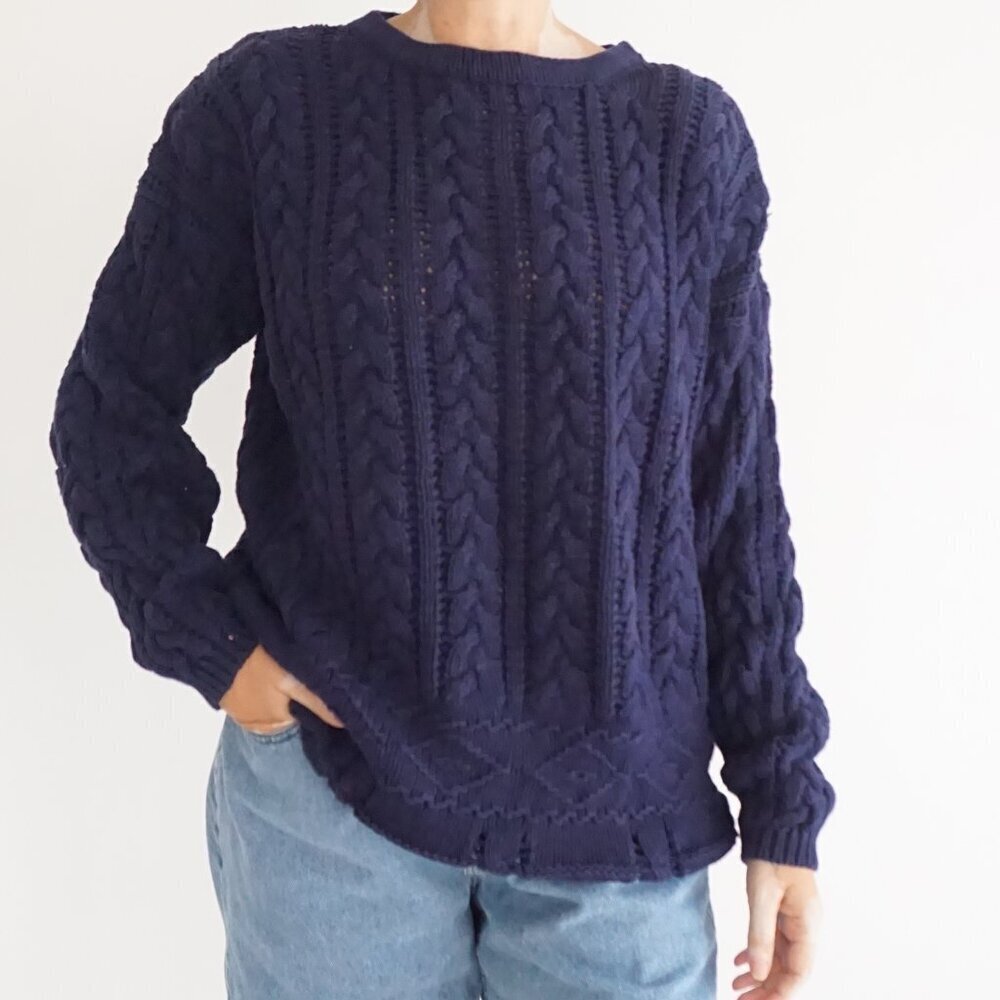 Vintage Weathervane Navy Cable Knit Crewneck Preppy Collegiate Grandpa Sweater L